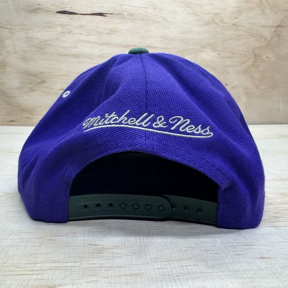 NEW DAMAGED Milwaukee Bucks Mitchell Ness HWC Snapback Purple Green OSFM